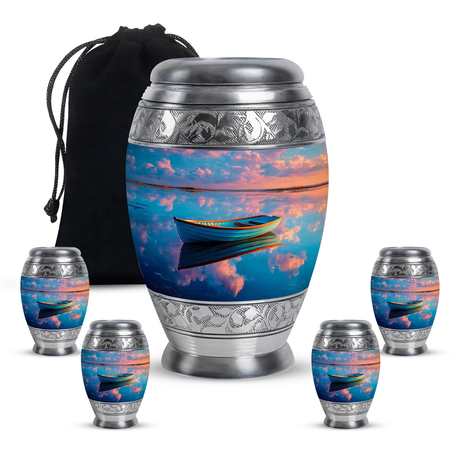 Azure Boat Cremation Urn detail view - regal boat design with crown-inspired accents - memorial set with one large and four small urns
