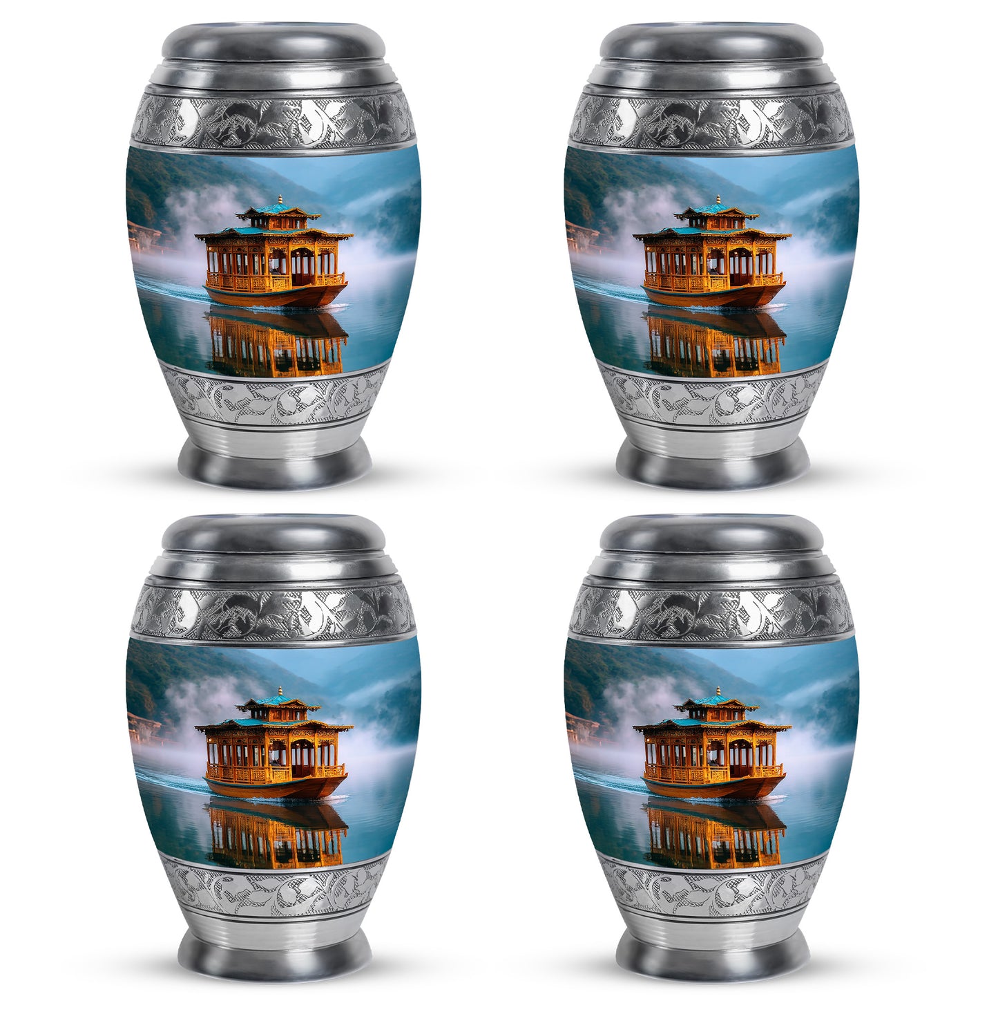 Dusty Blue Boat Cremation Urn urn with complimentary velvet bag - ornate monarch-style boat relief on brushed aluminum - 10 inch aluminum urn for cremated remains