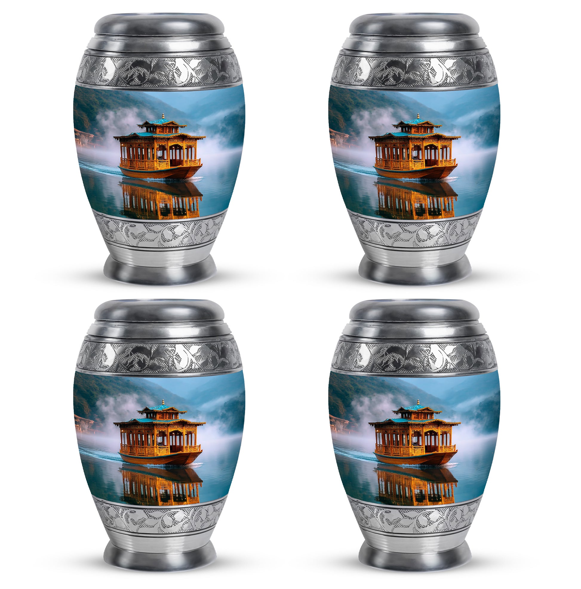 Dusty Blue Boat Cremation Urn urn with complimentary velvet bag - ornate monarch-style boat relief on brushed aluminum - 10 inch aluminum urn for cremated remains