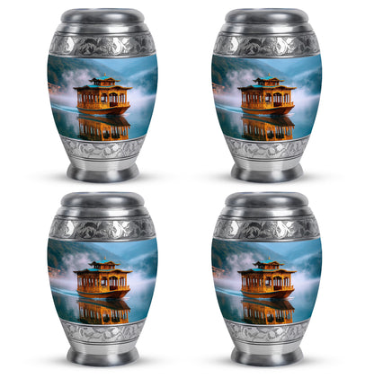 Dusty Blue Boat Cremation Urn urn with complimentary velvet bag - ornate monarch-style boat relief on brushed aluminum - 10 inch aluminum urn for cremated remains