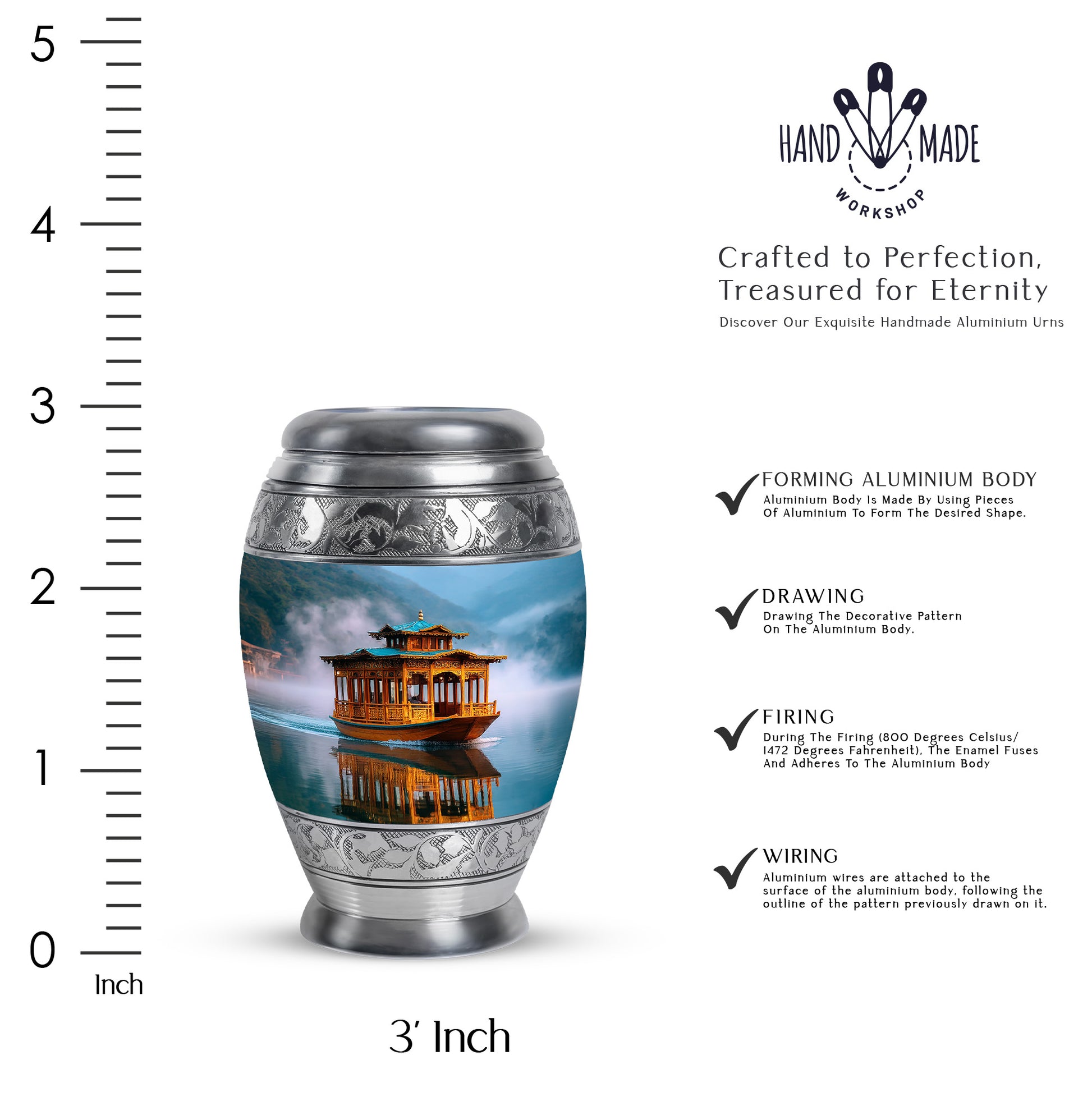 Icy Blue Boat Cremation Urn lifestyle display on memorial shelf - ornate monarch-style boat relief on brushed aluminum - mini keepsake memorial for portion of cremation ashes