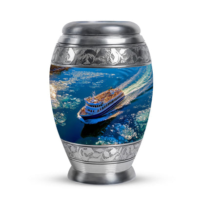 Blue Boat Memorial Cremation Urns for Human Ashes - 10-inch, 200 cu in - Yatskia