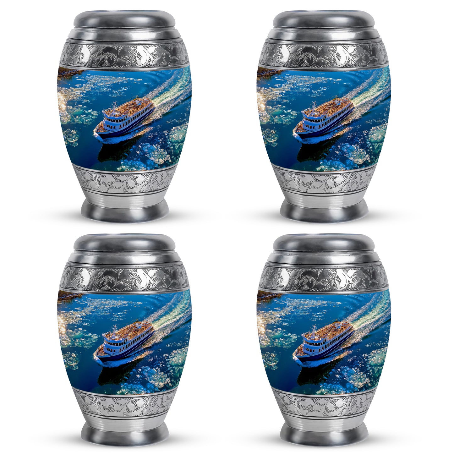 Twilight Blue Boat Cremation Urn urn with complimentary velvet bag - majestic boat pattern with filigree border - 10 inch aluminum urn for cremated remains