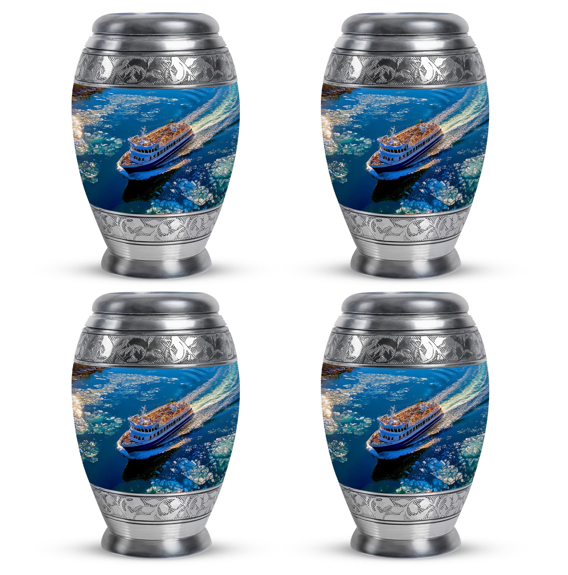 Twilight Blue Boat Cremation Urn urn with complimentary velvet bag - majestic boat pattern with filigree border - 10 inch aluminum urn for cremated remains