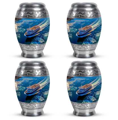 Twilight Blue Boat Cremation Urn urn with complimentary velvet bag - majestic boat pattern with filigree border - 10 inch aluminum urn for cremated remains