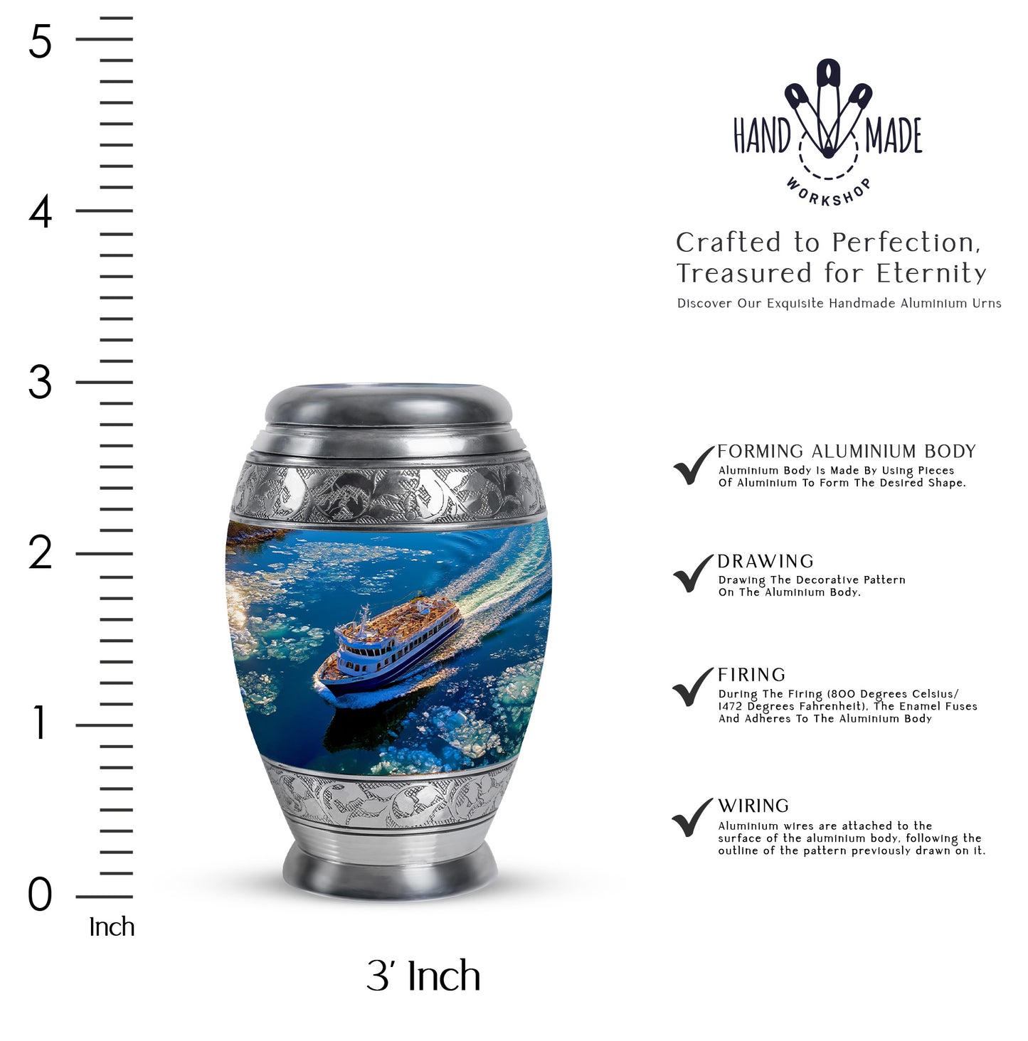 Navy Blue Boat Cremation Urn lifestyle display on memorial shelf - regal boat design with crown-inspired accents - mini keepsake memorial for portion of cremation ashes