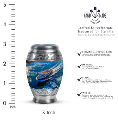 Navy Blue Boat Cremation Urn lifestyle display on memorial shelf - regal boat design with crown-inspired accents - mini keepsake memorial for portion of cremation ashes