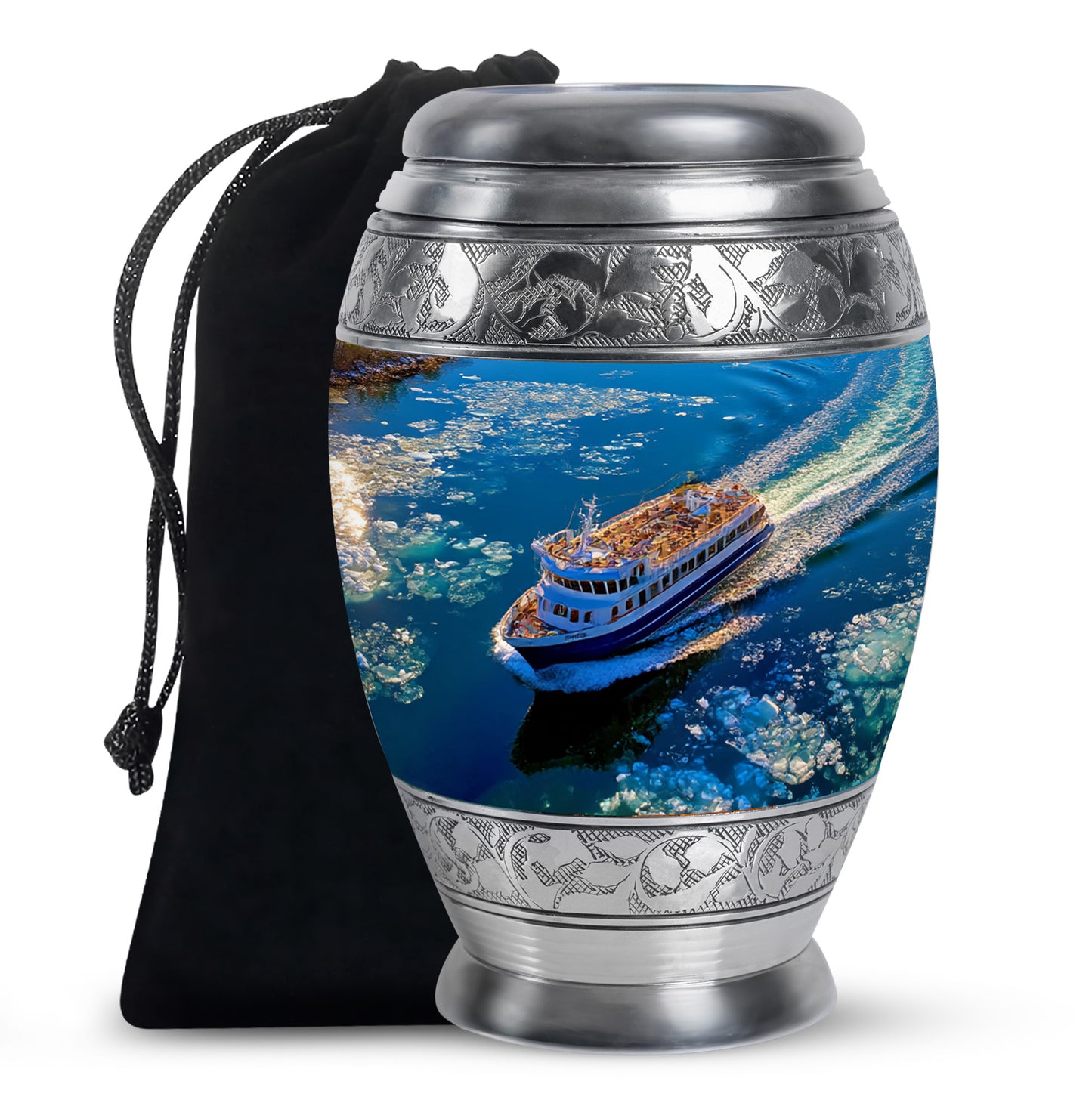 Soft Blue Boat Cremation Urn back view with polished surface - royal boat engraving with decorative scrollwork - full-size 10 inch 200 cubic inch adult cremation urn