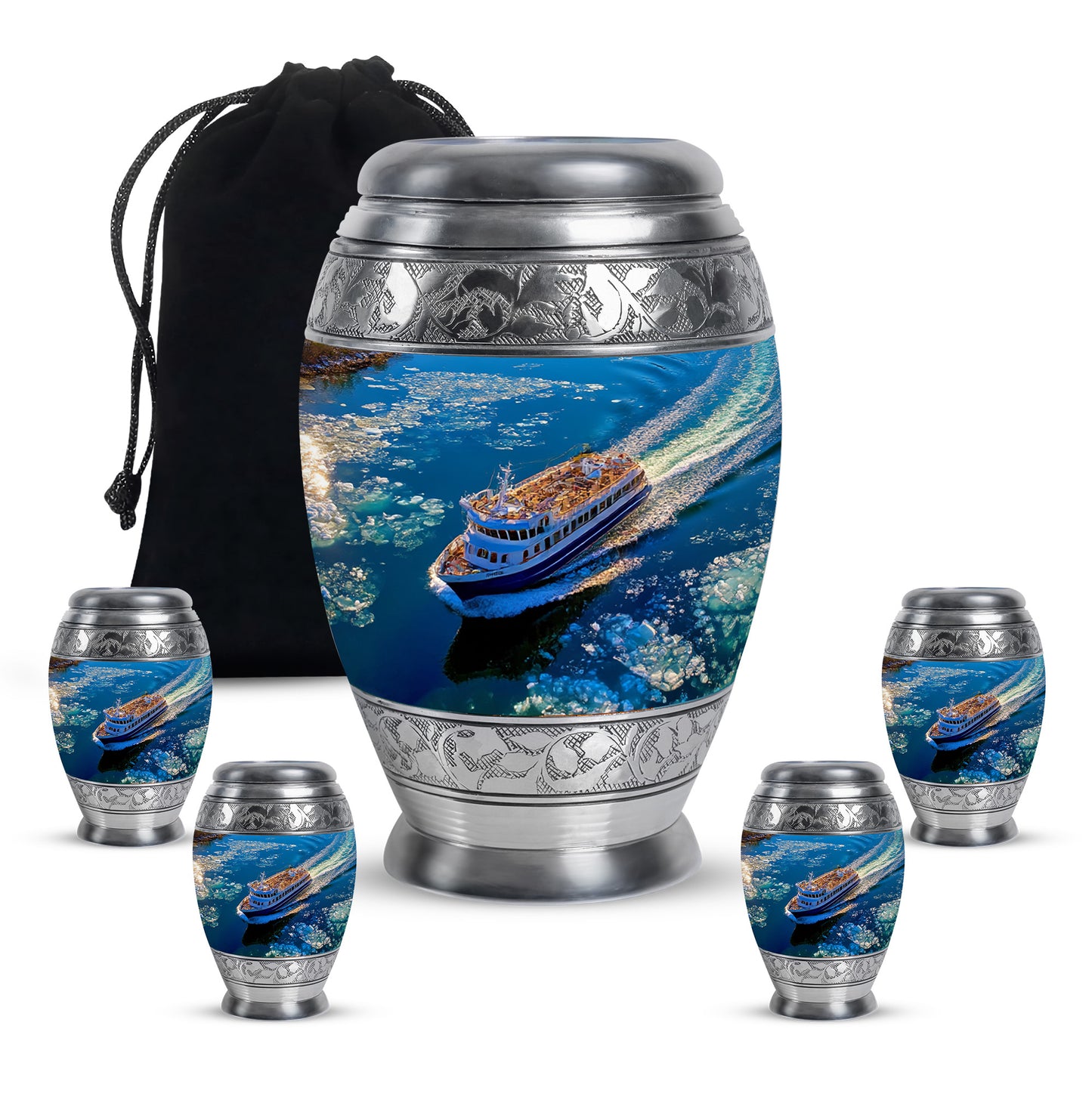 Royal Blue Boat Cremation Urn detail view - royal boat engraving with decorative scrollwork - memorial set with one large and four small urns