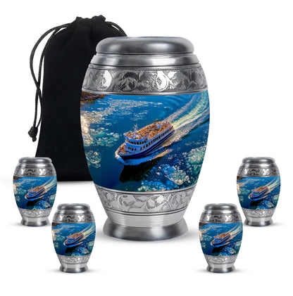 Royal Blue Boat Cremation Urn detail view - royal boat engraving with decorative scrollwork - memorial set with one large and four small urns