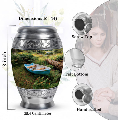 Deep Black Boat Cremation Urn lifestyle display on memorial shelf - regal boat design with crown-inspired accents - mini keepsake memorial for portion of cremation ashes