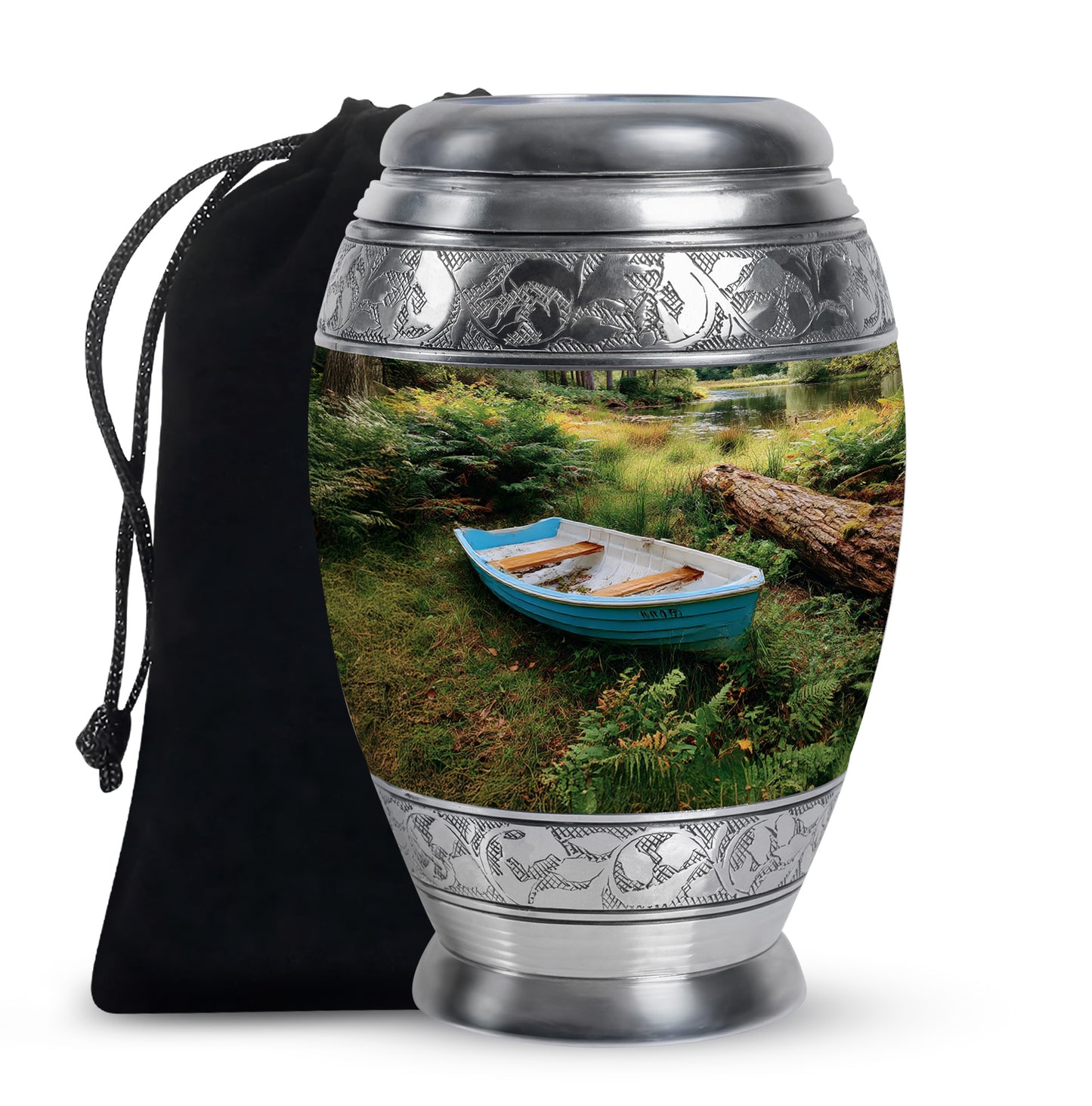 Dark Black Boat Cremation Urn back view with polished surface - majestic boat pattern with filigree border - full-size 10 inch 200 cubic inch adult cremation urn