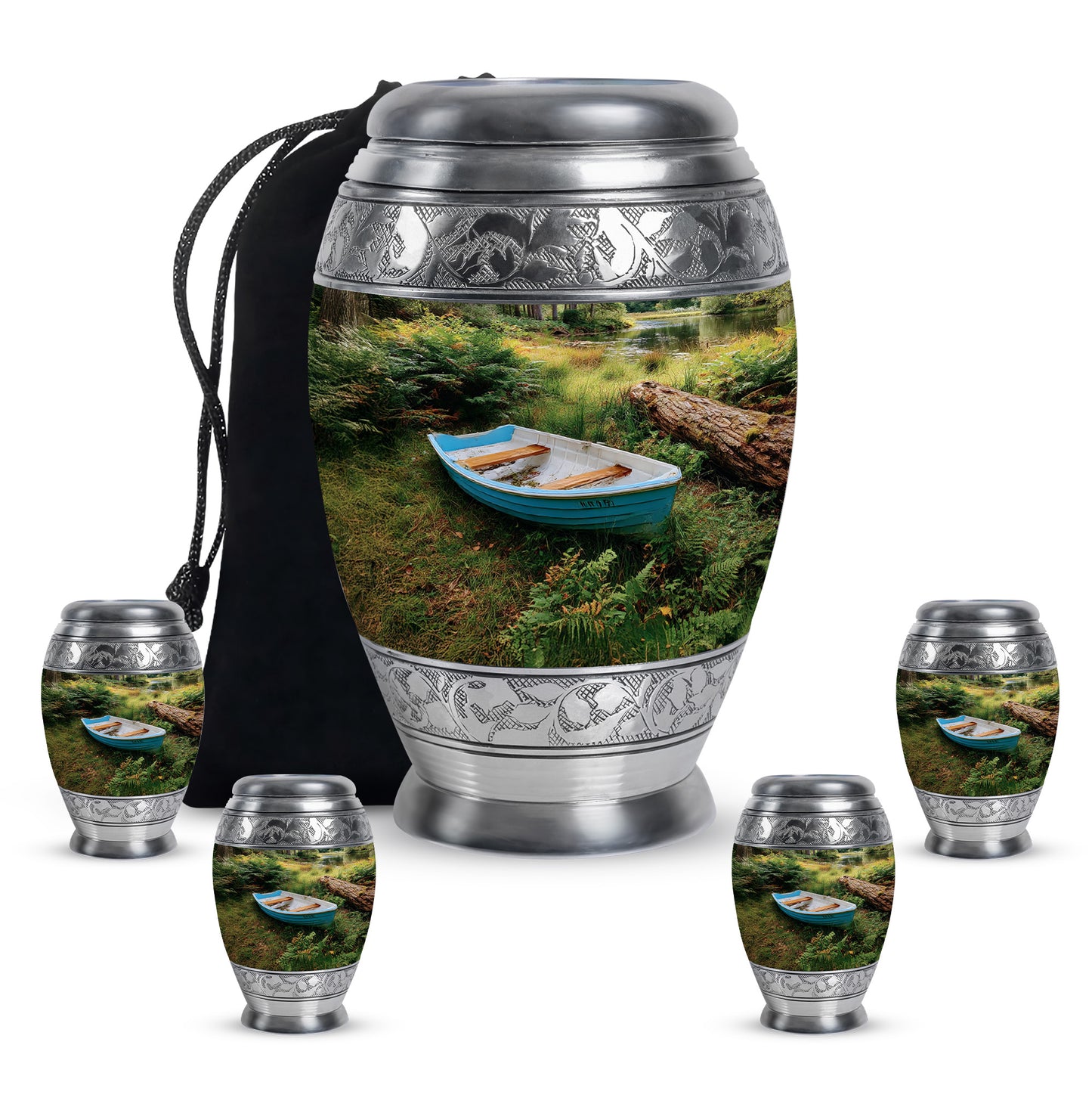 Glossy Black Boat Cremation Urn detail view - regal boat design with crown-inspired accents - memorial set with one large and four small urns