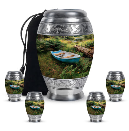 Glossy Black Boat Cremation Urn detail view - regal boat design with crown-inspired accents - memorial set with one large and four small urns