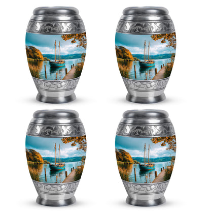 Aqua Teal Boat Cremation Urn urn with complimentary velvet bag - majestic boat pattern with filigree border - 10 inch aluminum urn for cremated remains