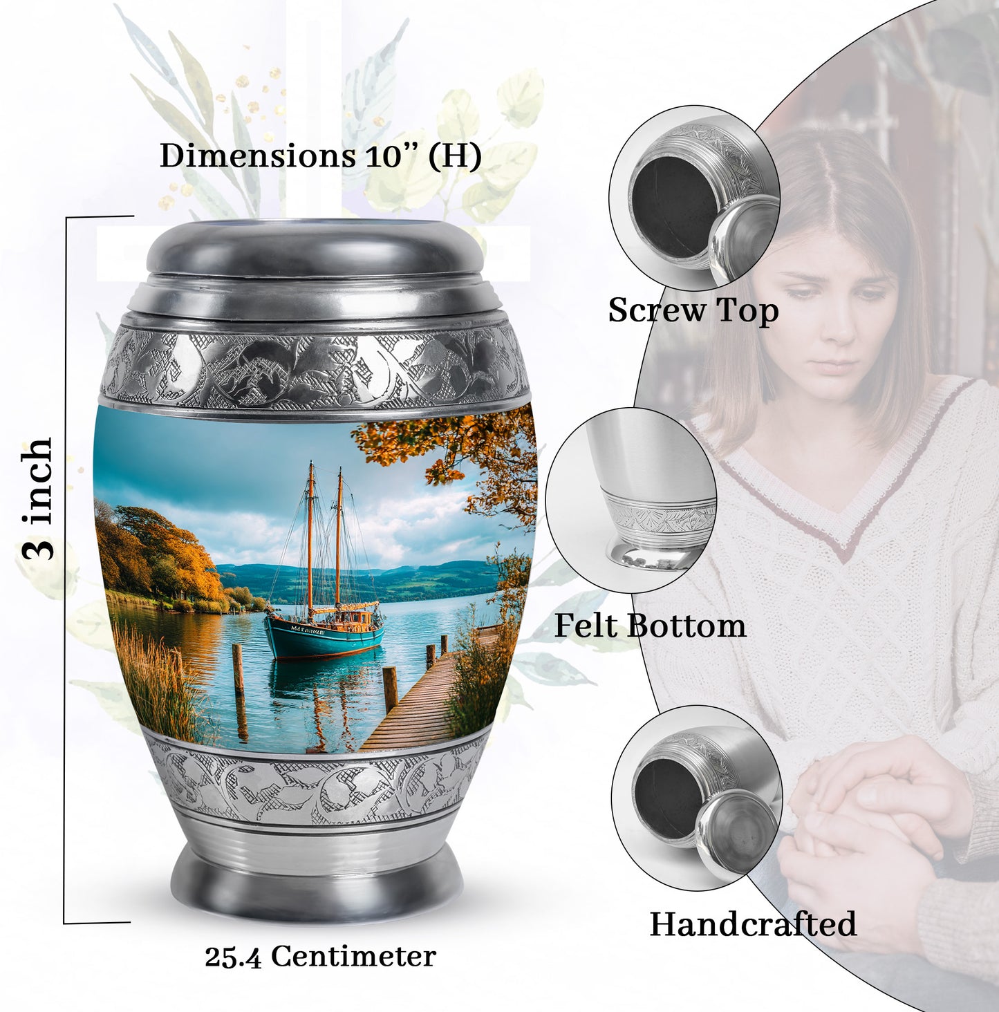 Deep Teal Boat Cremation Urn lifestyle display on memorial shelf - royal boat engraving with decorative scrollwork - mini keepsake memorial for portion of cremation ashes