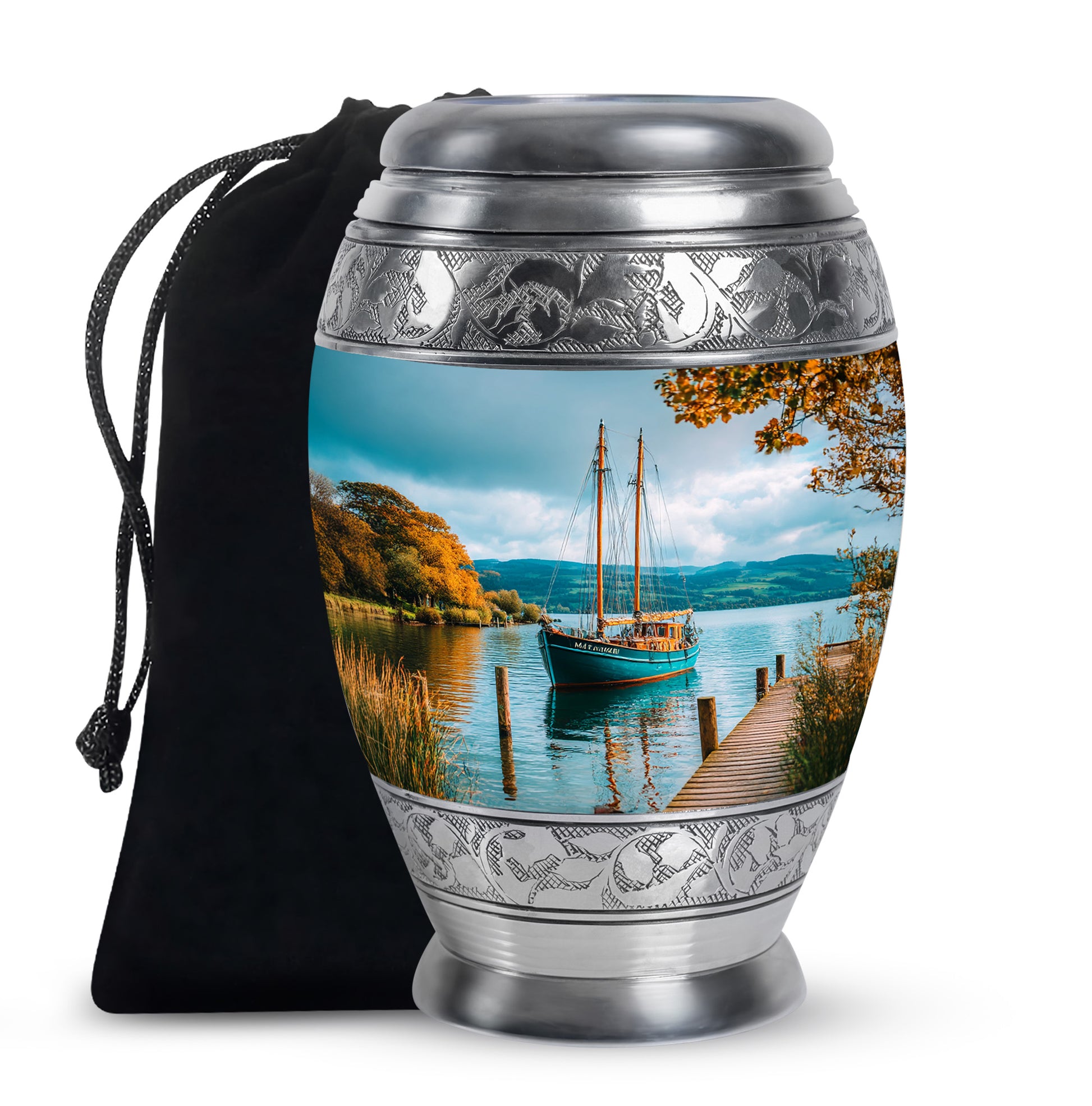 Tropical Teal Boat Cremation Urn back view with polished surface - royal boat engraving with decorative scrollwork - full-size 10 inch 200 cubic inch adult cremation urn