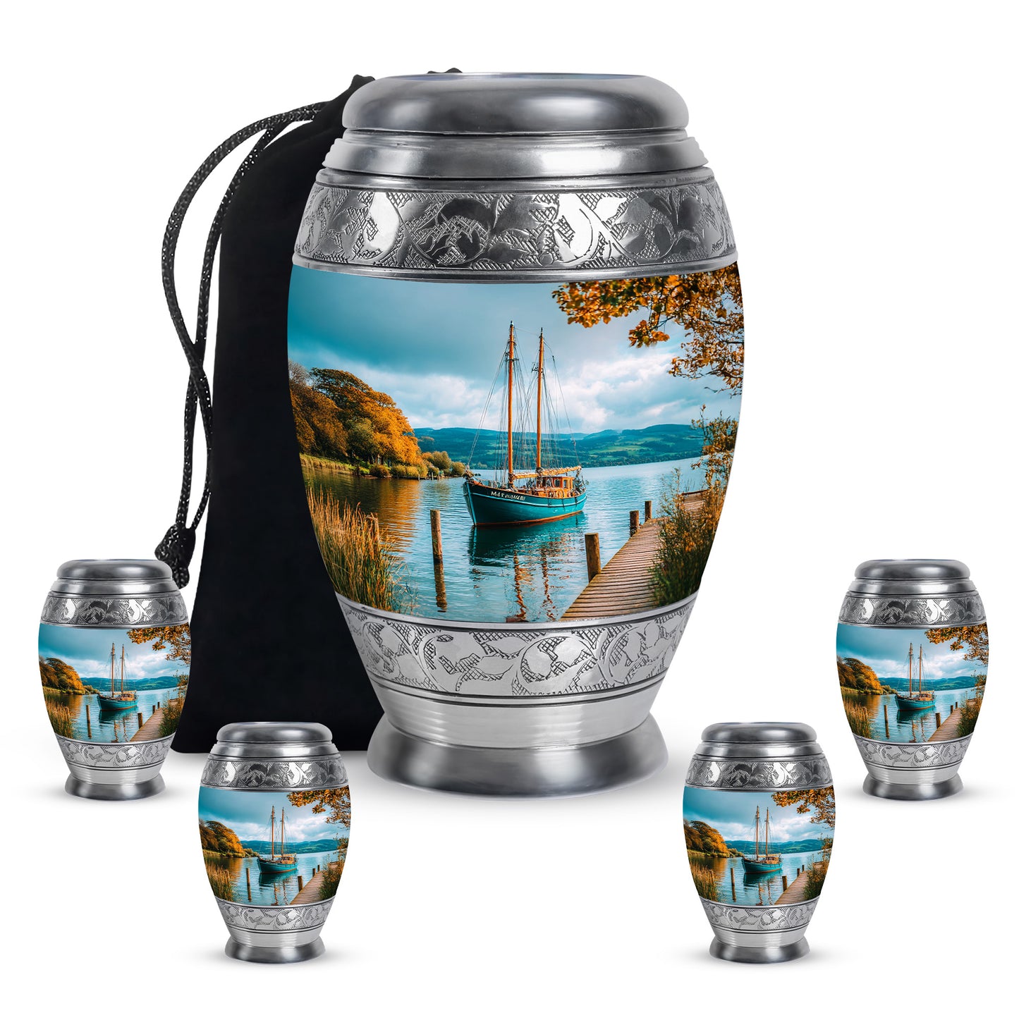 Vivid Teal Boat Cremation Urn detail view - royal boat engraving with decorative scrollwork - memorial set with one large and four small urns
