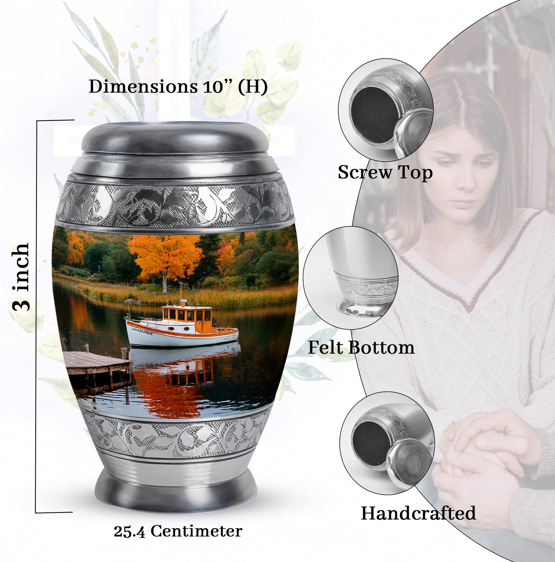 Moss Green Boat Cremation Urn lifestyle display on memorial shelf - ornate monarch-style boat relief on brushed aluminum - mini keepsake memorial for portion of cremation ashes