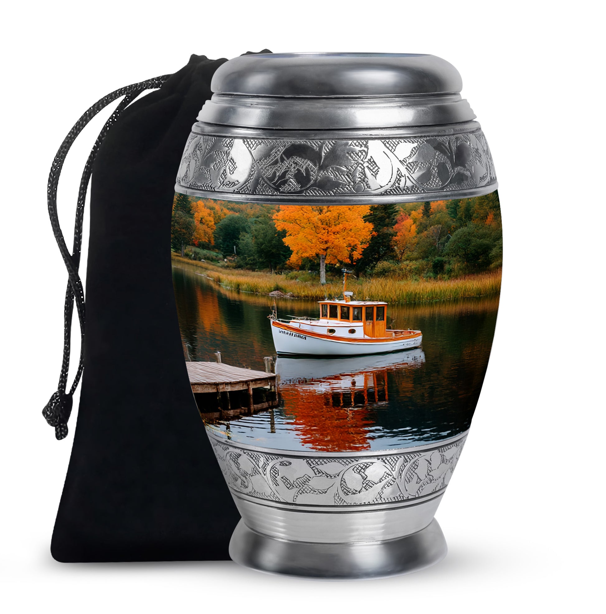 Sage Green Boat Cremation Urn back view with polished surface - regal boat design with crown-inspired accents - full-size 10 inch 200 cubic inch adult cremation urn