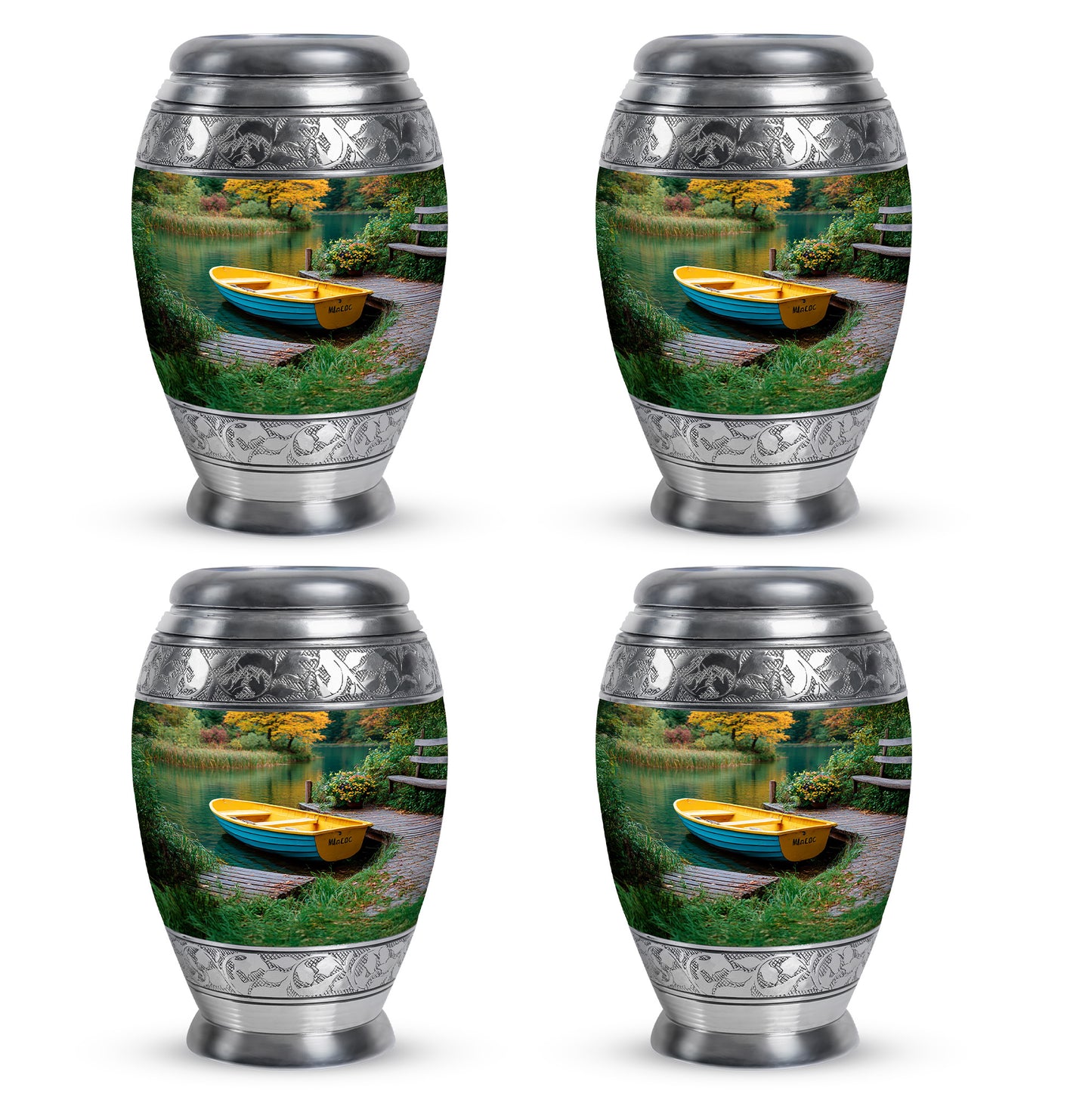 Soft Teal Boat Cremation Urn urn with complimentary velvet bag - ornate monarch-style boat relief on brushed aluminum - 10 inch aluminum urn for cremated remains