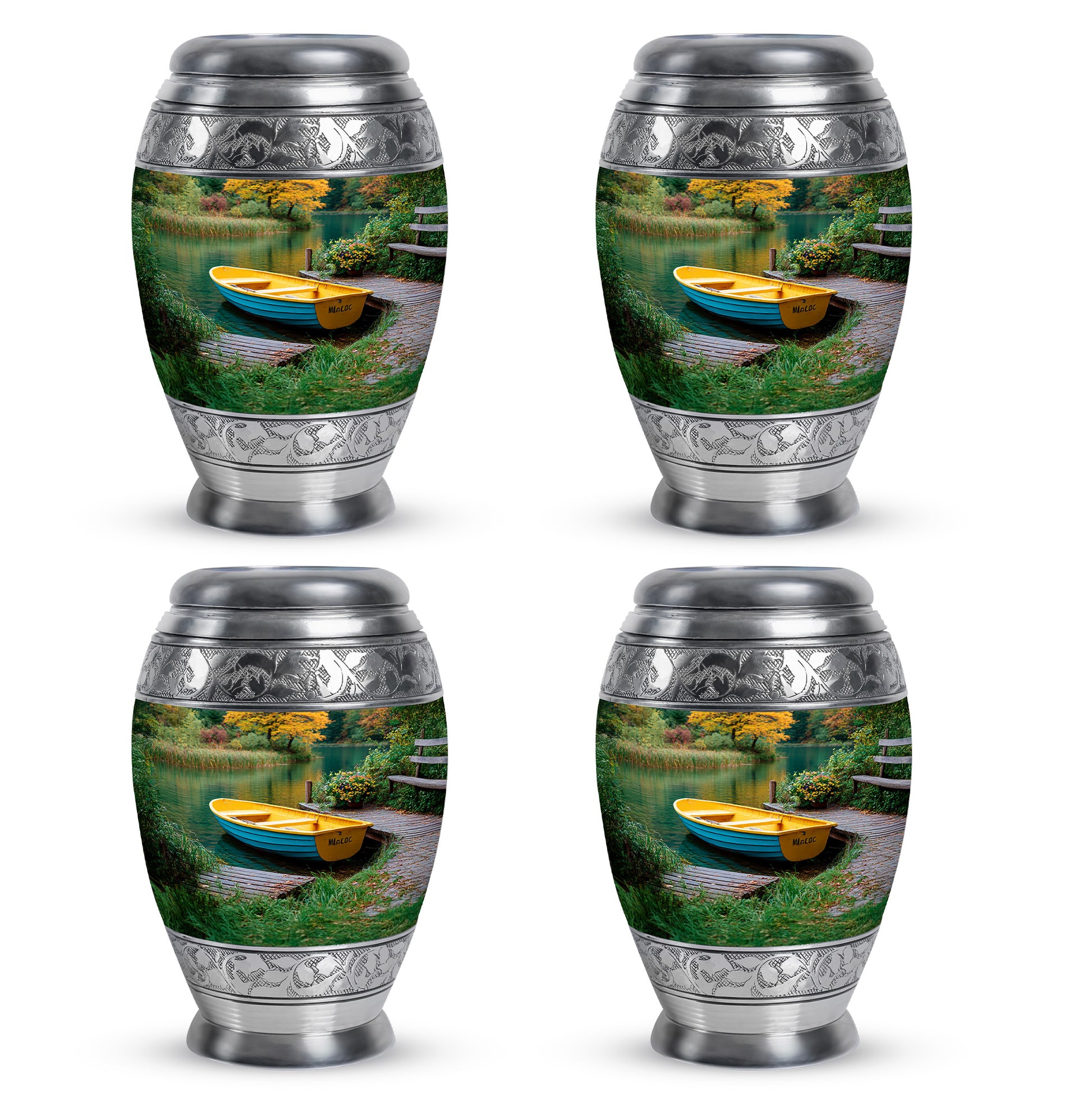 Soft Teal Boat Cremation Urn urn with complimentary velvet bag - ornate monarch-style boat relief on brushed aluminum - 10 inch aluminum urn for cremated remains