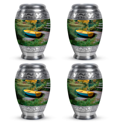 Soft Teal Boat Cremation Urn urn with complimentary velvet bag - ornate monarch-style boat relief on brushed aluminum - 10 inch aluminum urn for cremated remains