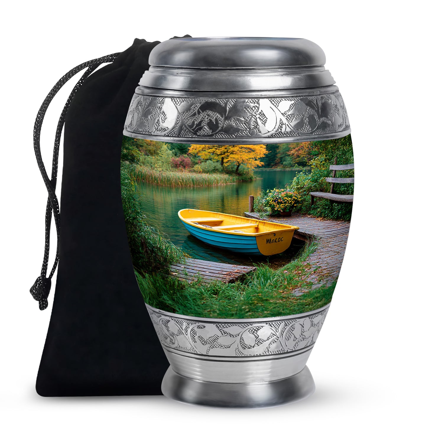Aqua Teal Boat Cremation Urn back view with polished surface - majestic boat pattern with filigree border - full-size 10 inch 200 cubic inch adult cremation urn