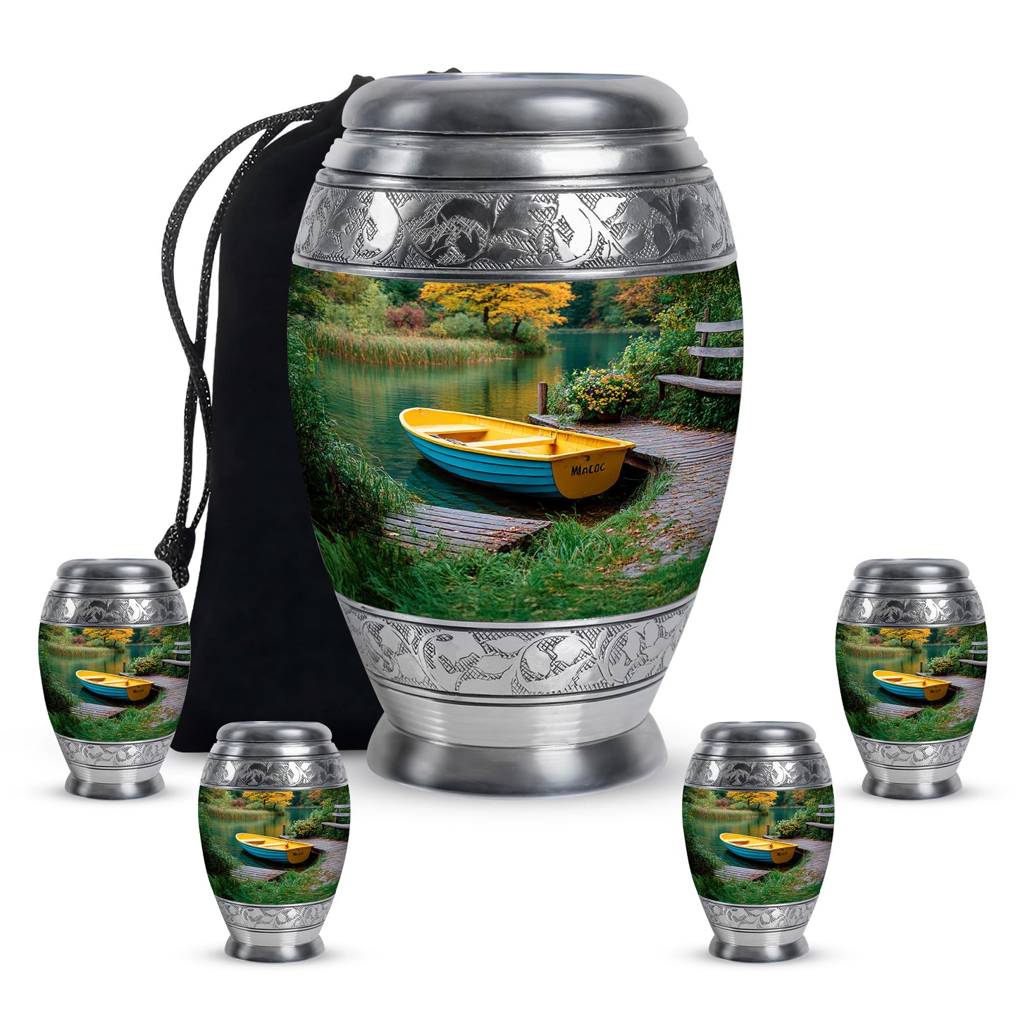 Sea Green Teal Boat Cremation Urn detail view - ornate monarch-style boat relief on brushed aluminum - memorial set with one large and four small urns