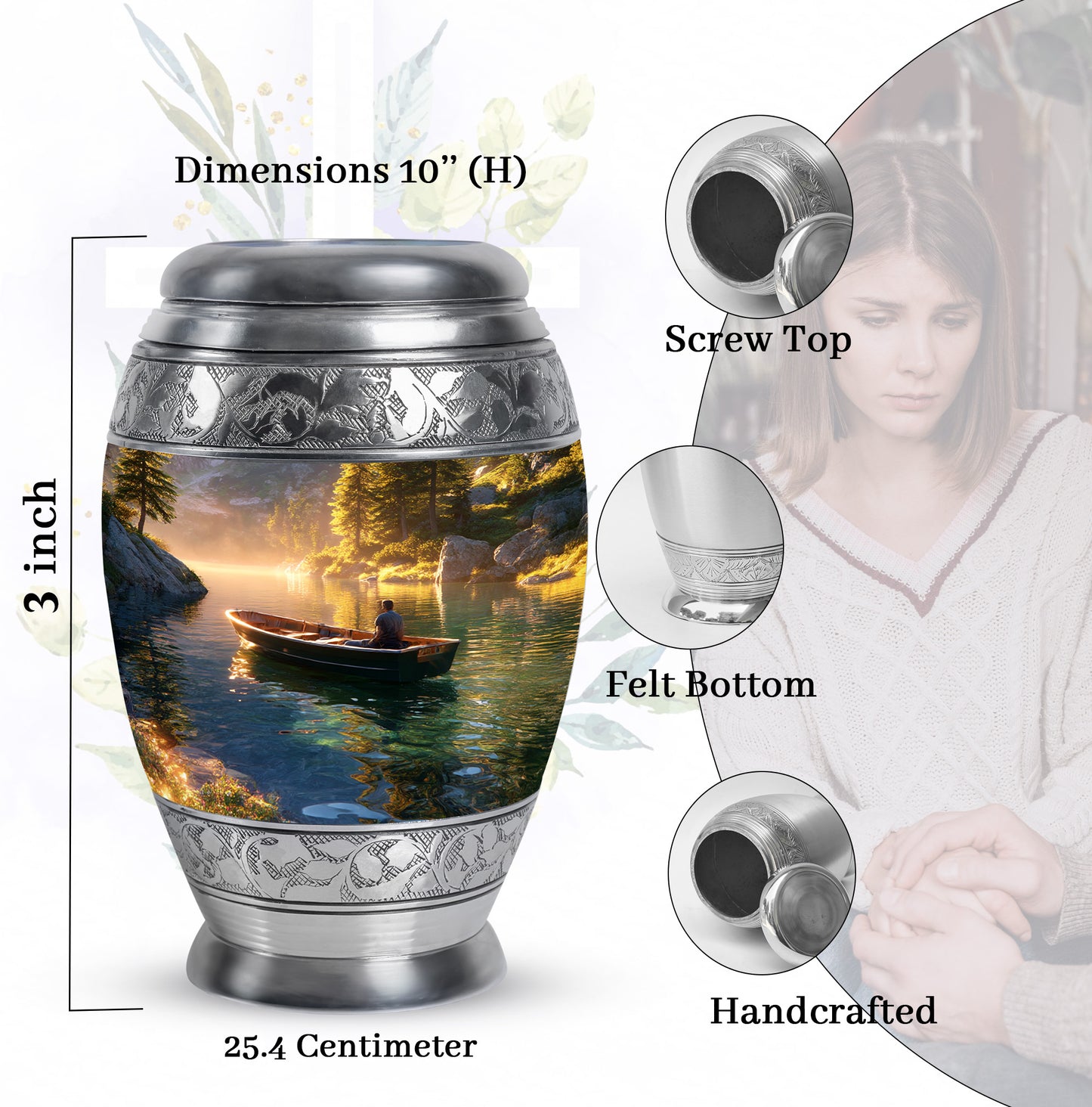 Burnished Gold Boat Cremation Urn lifestyle display on memorial shelf - royal boat engraving with decorative scrollwork - mini keepsake memorial for portion of cremation ashes