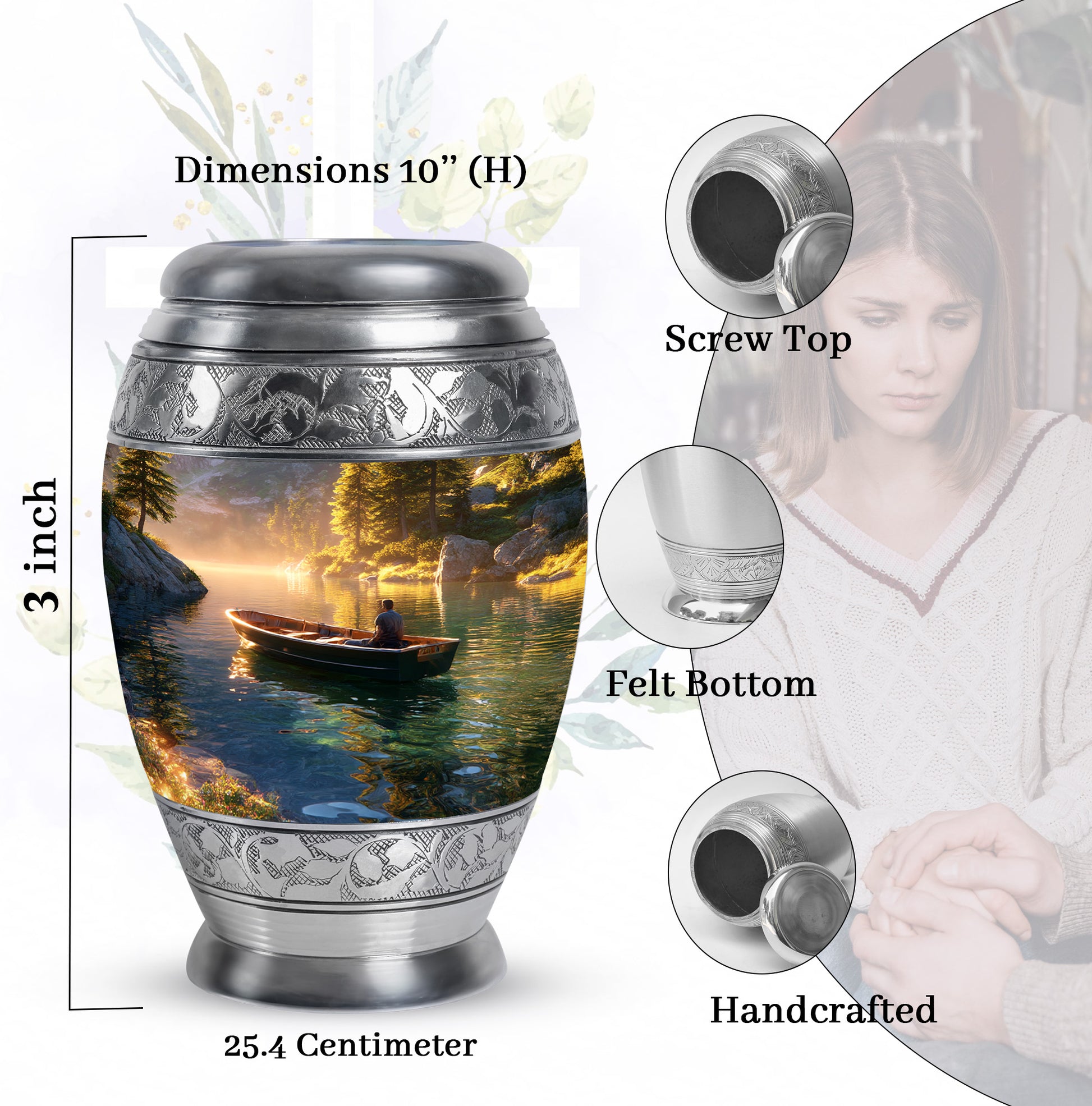 Burnished Gold Boat Cremation Urn lifestyle display on memorial shelf - royal boat engraving with decorative scrollwork - mini keepsake memorial for portion of cremation ashes
