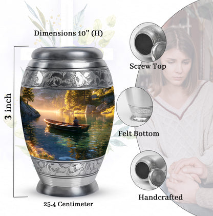 Burnished Gold Boat Cremation Urn lifestyle display on memorial shelf - royal boat engraving with decorative scrollwork - mini keepsake memorial for portion of cremation ashes