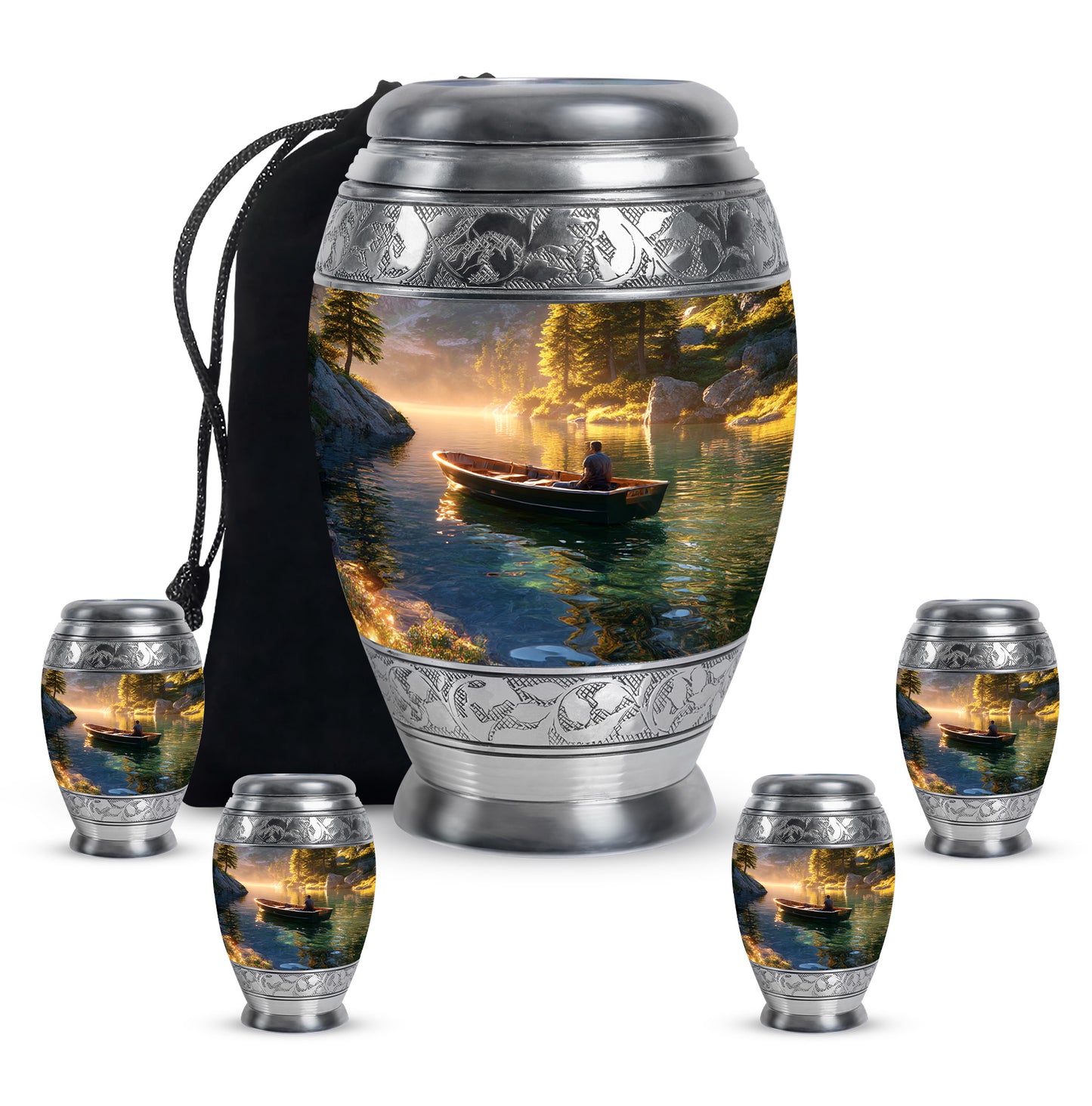 Burnished Gold Boat Cremation Urn detail view - royal boat engraving with decorative scrollwork - memorial set with one large and four small urns