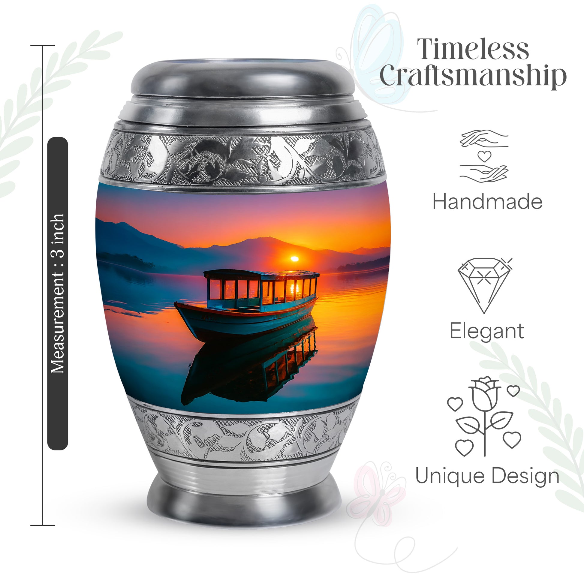 Scarlet Red Boat Cremation Urn lifestyle display on memorial shelf - majestic boat pattern with filigree border - mini keepsake memorial for portion of cremation ashes