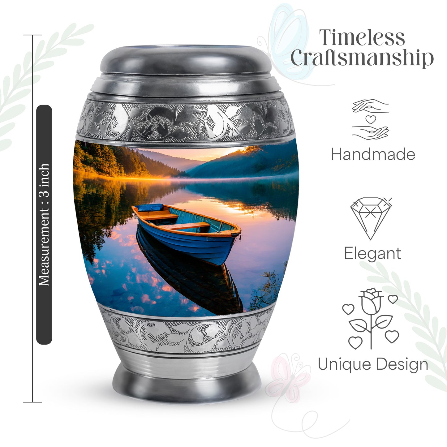Soft Teal Boat Cremation Urn lifestyle display on memorial shelf - regal boat design with crown-inspired accents - mini keepsake memorial for portion of cremation ashes