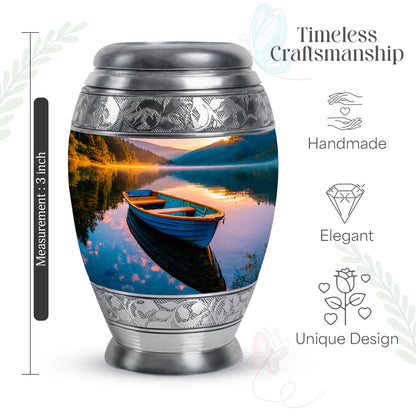 Soft Teal Boat Cremation Urn lifestyle display on memorial shelf - regal boat design with crown-inspired accents - mini keepsake memorial for portion of cremation ashes