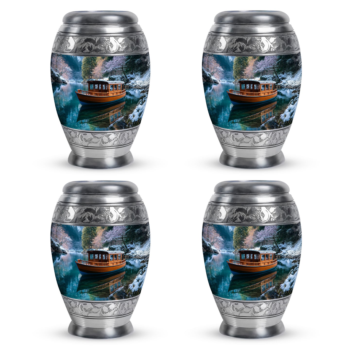 Slate Blue Boat Cremation Urn urn with complimentary velvet bag - ornate monarch-style boat relief on brushed aluminum - 10 inch aluminum urn for cremated remains
