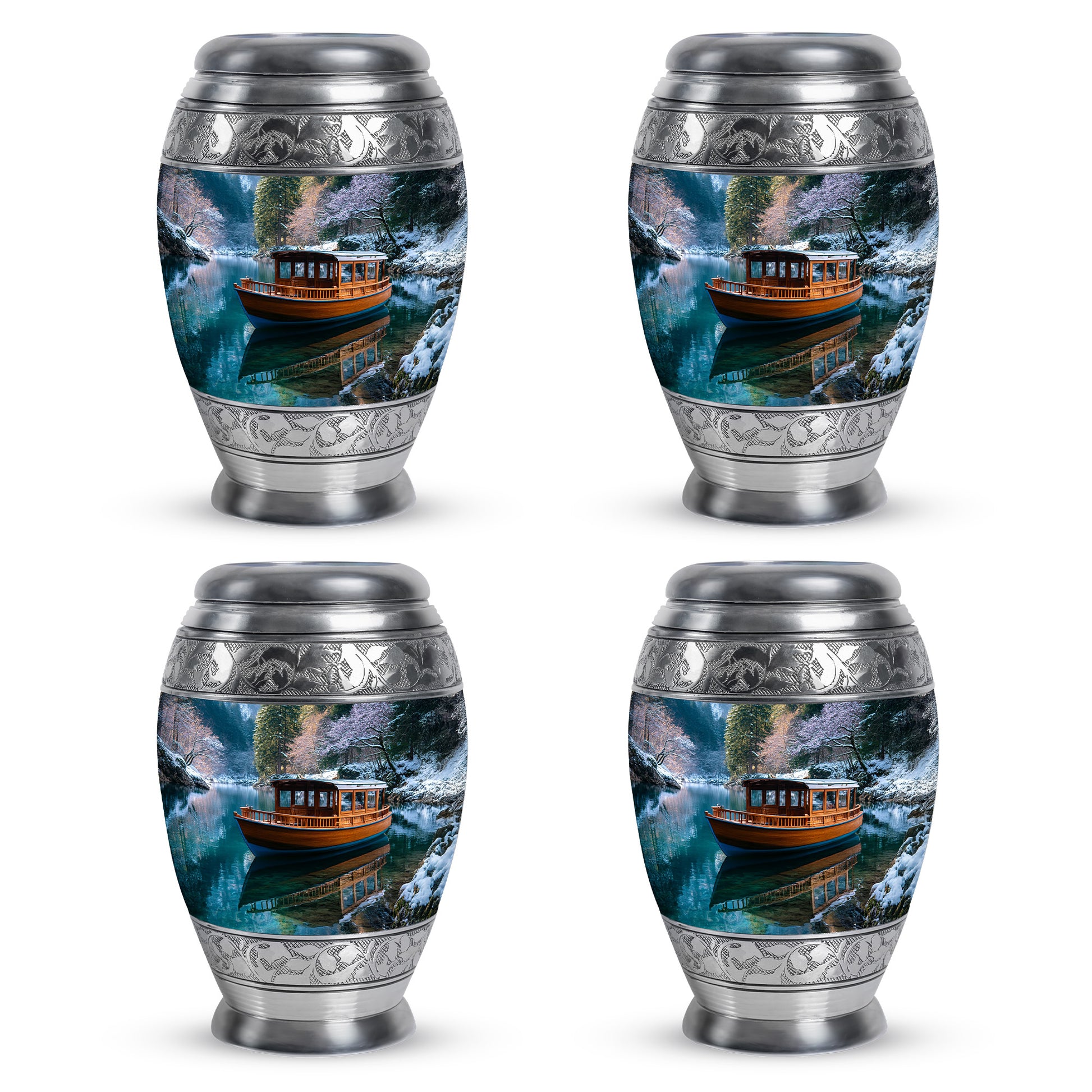 Slate Blue Boat Cremation Urn urn with complimentary velvet bag - ornate monarch-style boat relief on brushed aluminum - 10 inch aluminum urn for cremated remains