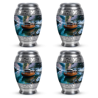 Slate Blue Boat Cremation Urn urn with complimentary velvet bag - ornate monarch-style boat relief on brushed aluminum - 10 inch aluminum urn for cremated remains