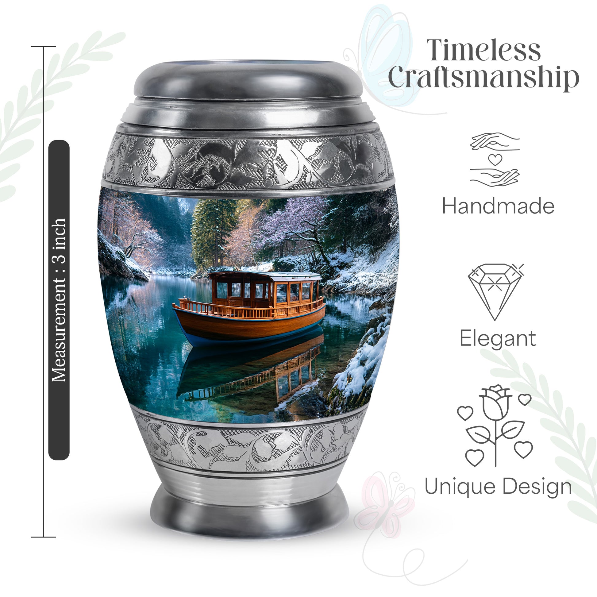 Cornflower Blue Boat Cremation Urn lifestyle display on memorial shelf - royal boat engraving with decorative scrollwork - mini keepsake memorial for portion of cremation ashes