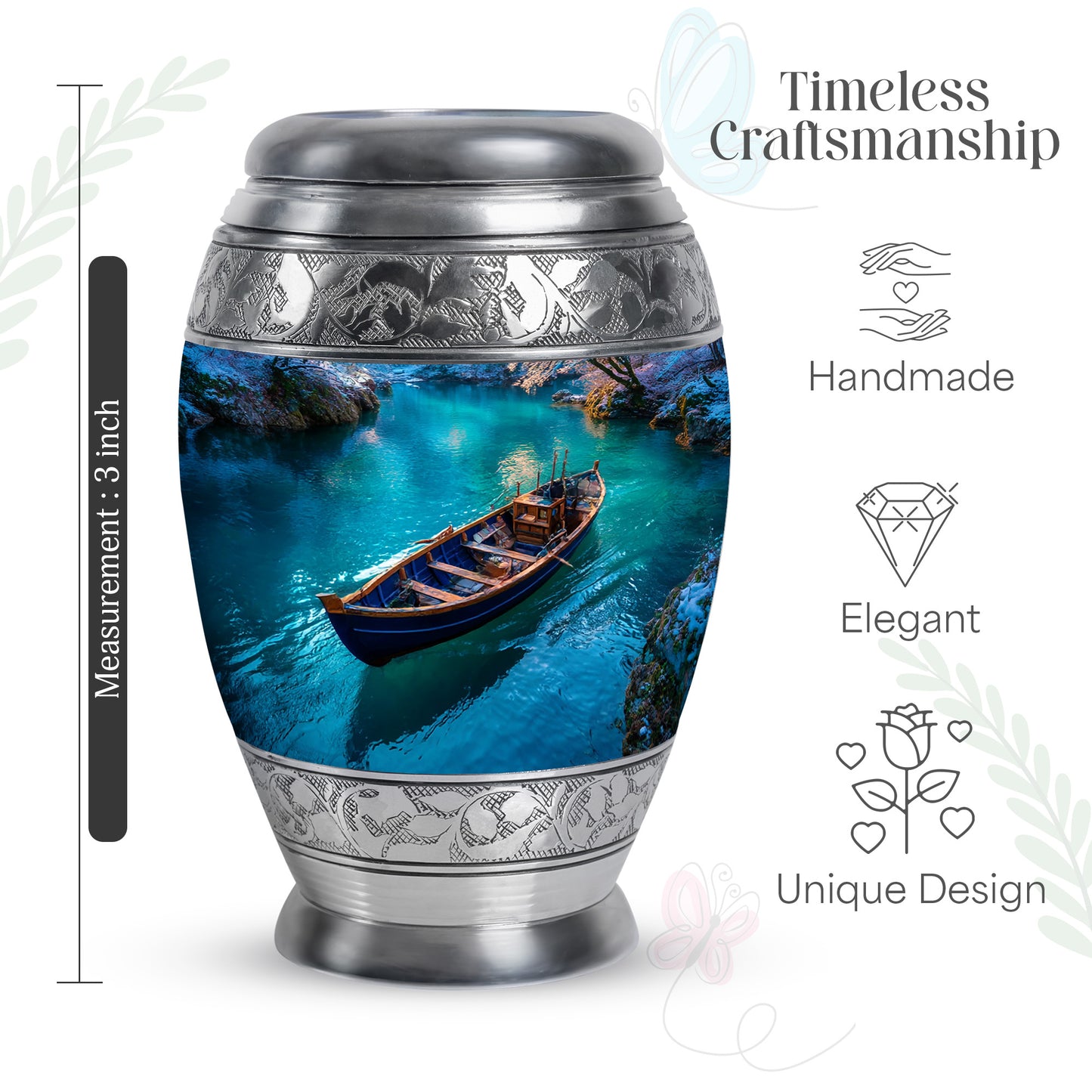 Calming Blue Boat Cremation Urn lifestyle display on memorial shelf - royal boat engraving with decorative scrollwork - mini keepsake memorial for portion of cremation ashes