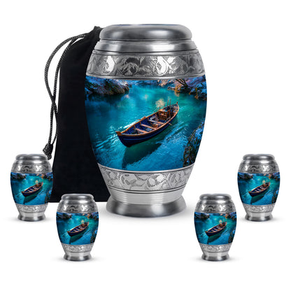 Bright Blue Boat Cremation Urn detail view - majestic boat pattern with filigree border - memorial set with one large and four small urns