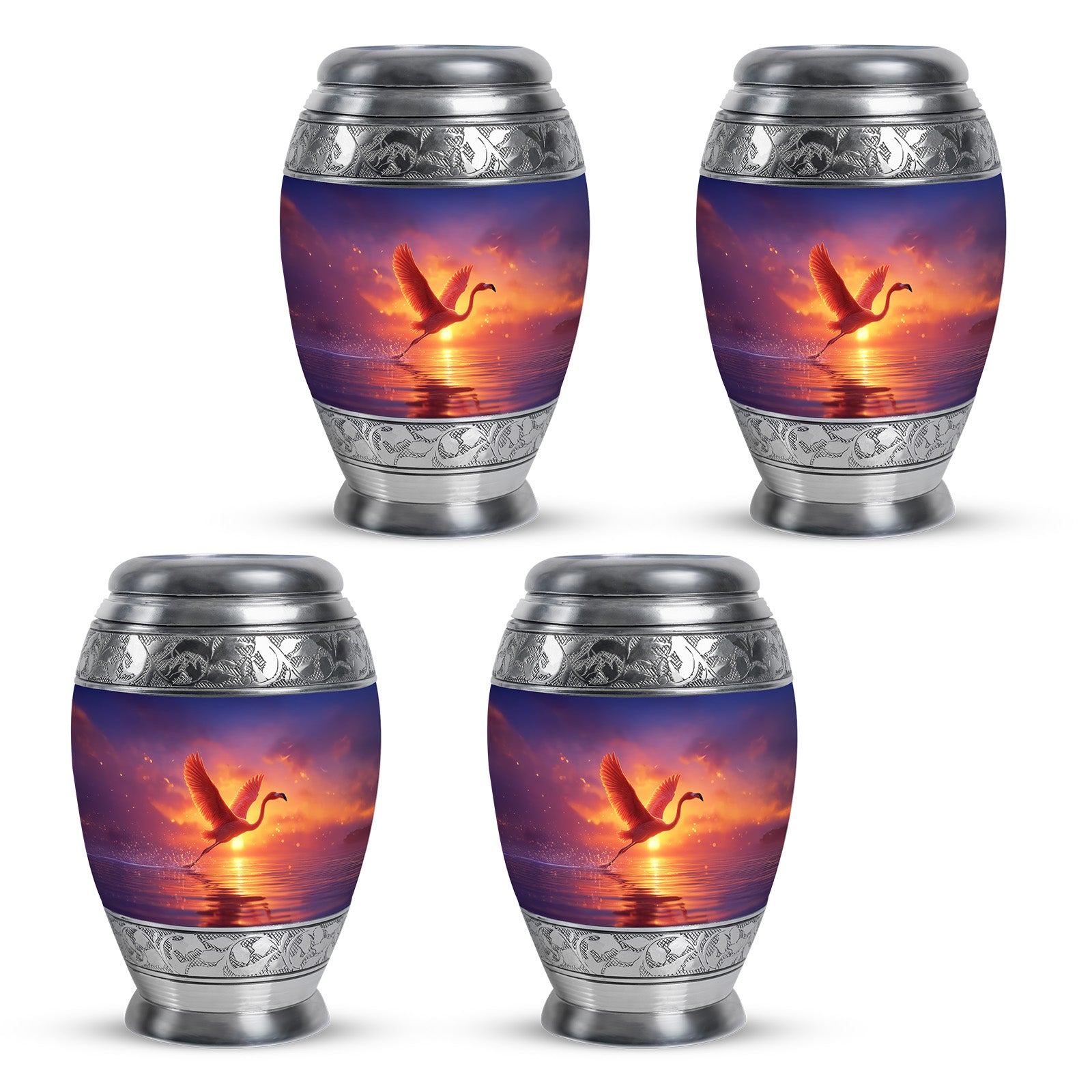 Orchid Purple Flamingo Cremation Urn urn with complimentary velvet bag - regal flamingo design with crown-inspired accents - 10 inch aluminum urn for cremated remains