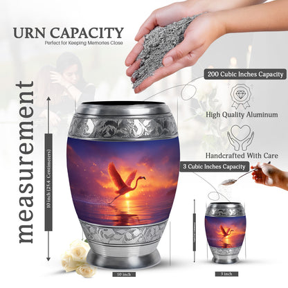 Deep Purple Flamingo Cremation Urn lifestyle display on memorial shelf - ornate monarch-style flamingo relief on brushed aluminum - mini keepsake memorial for portion of cremation ashes