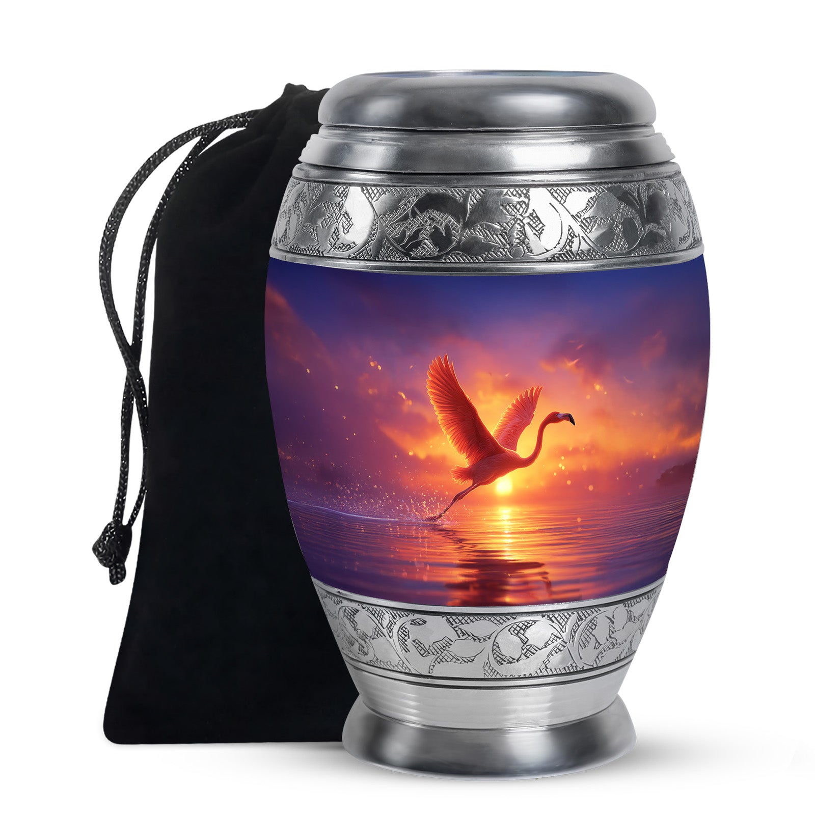 Royal Purple Flamingo Cremation Urn back view with polished surface - majestic flamingo pattern with filigree border - full-size 10 inch 200 cubic inch adult cremation urn