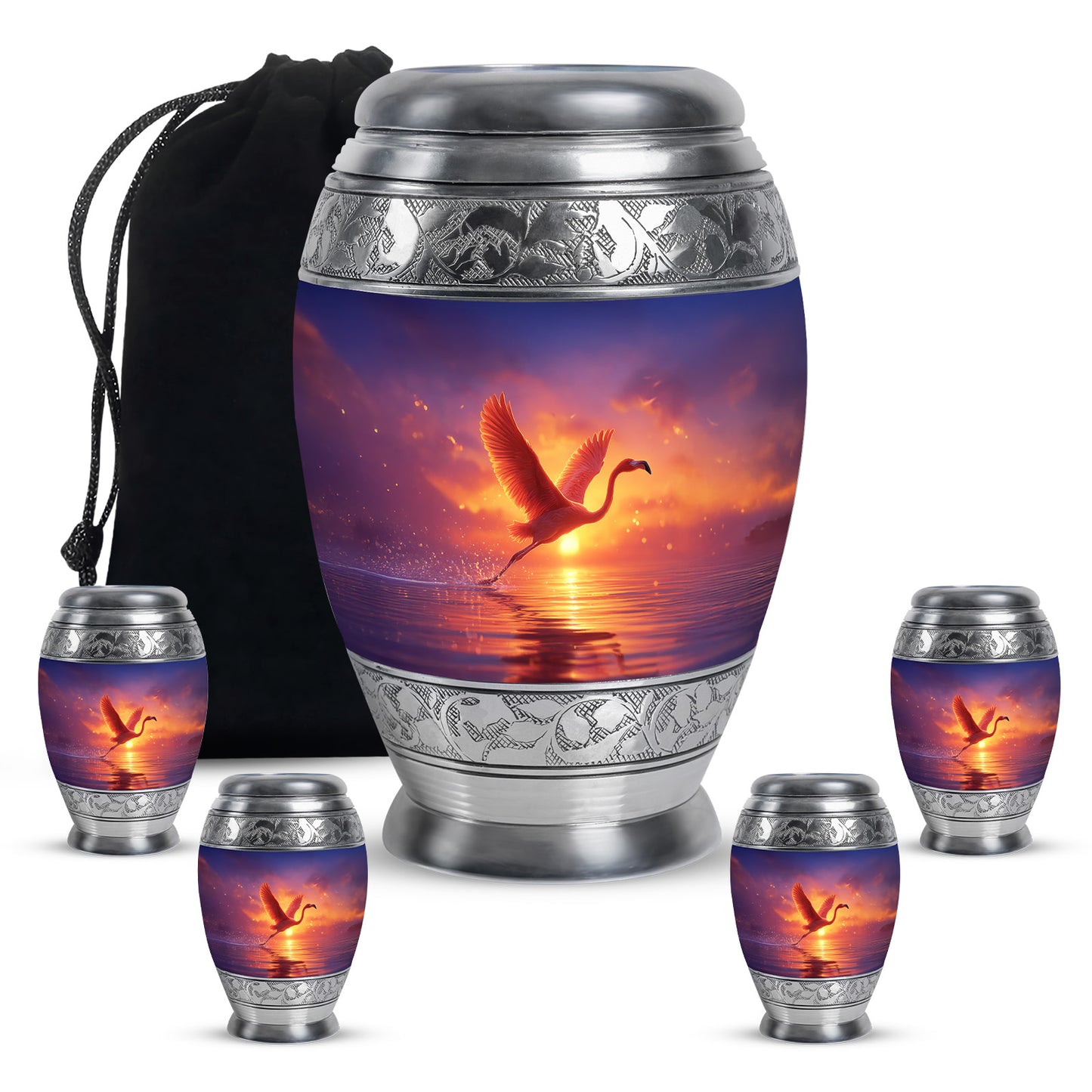 Majestic Purple Flamingo Cremation Urn detail view - regal flamingo design with crown-inspired accents - memorial set with one large and four small urns