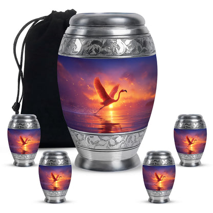 Majestic Purple Flamingo Cremation Urn detail view - regal flamingo design with crown-inspired accents - memorial set with one large and four small urns
