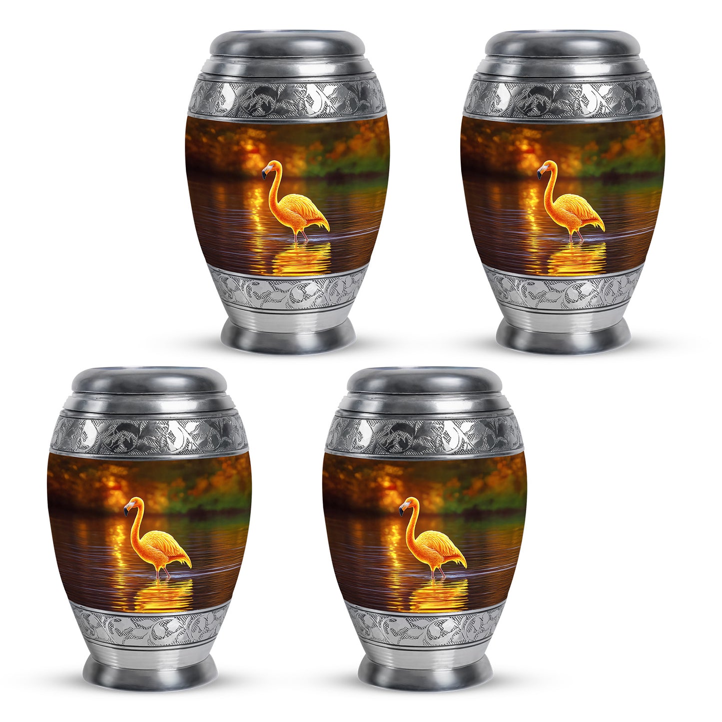 Burnished Gold Flamingo Cremation Urn urn with complimentary velvet bag - majestic flamingo pattern with filigree border - 10 inch aluminum urn for cremated remains