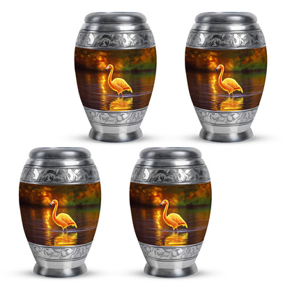 Burnished Gold Flamingo Cremation Urn urn with complimentary velvet bag - majestic flamingo pattern with filigree border - 10 inch aluminum urn for cremated remains
