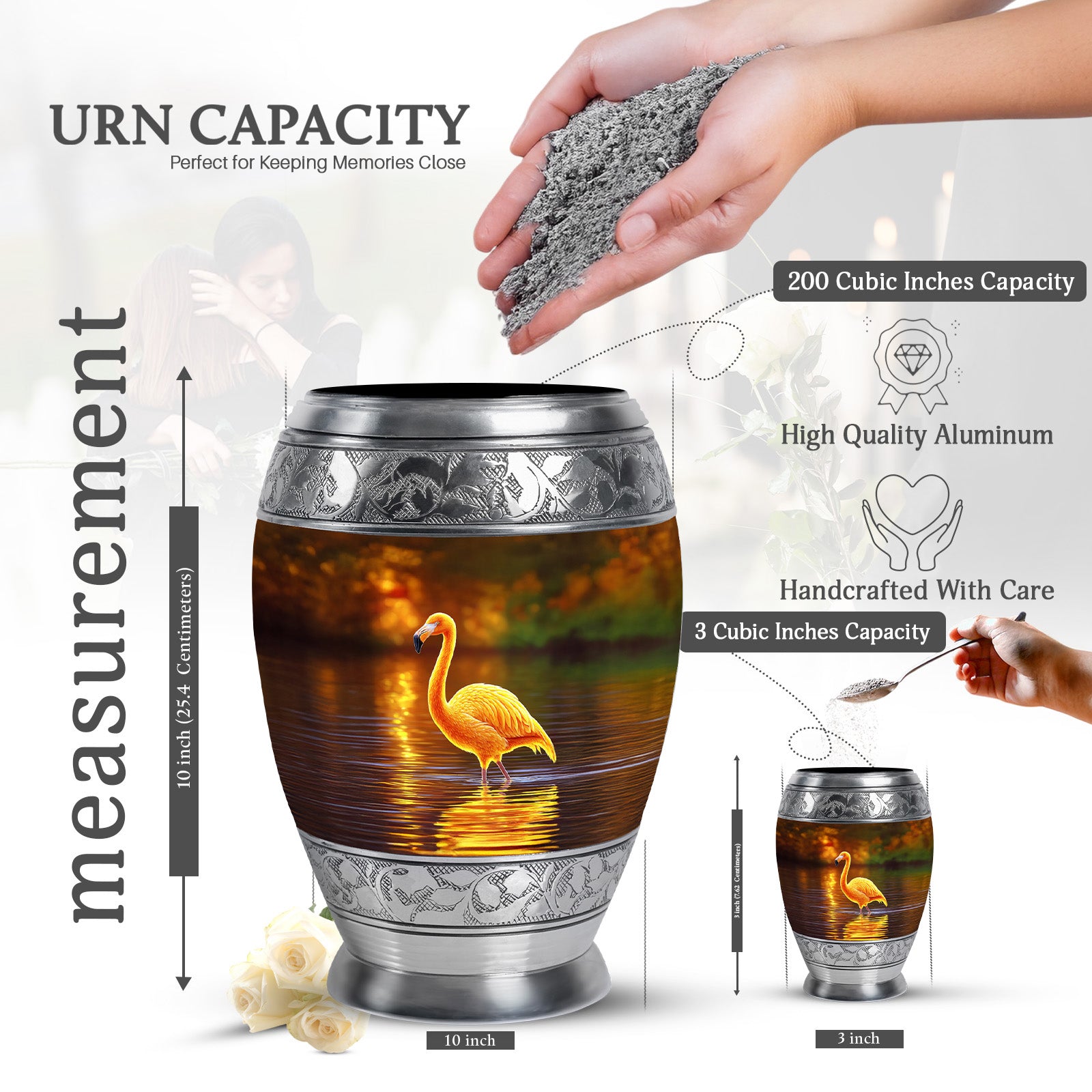 Burnished Gold Flamingo Cremation Urn lifestyle display on memorial shelf - majestic flamingo pattern with filigree border - mini keepsake memorial for portion of cremation ashes